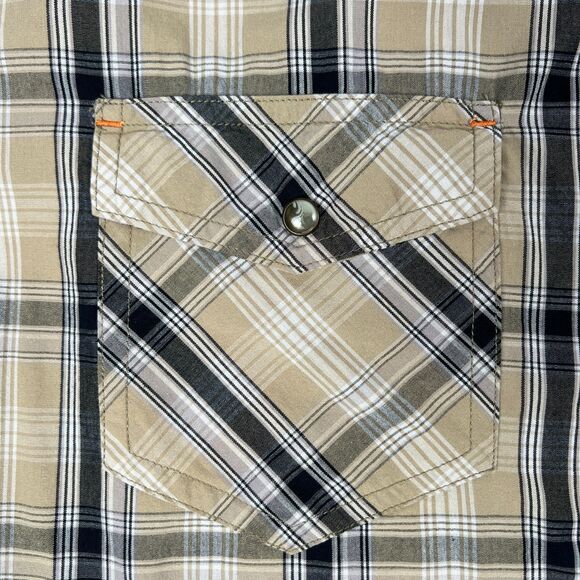 Orvis Trout Bum Sz Mens L Long-Sleeve Snap Western Fishing Shirt Tan Blk Striped - Picture 4 of 14